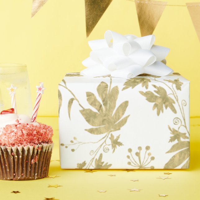 Weiße und goldfarbene Pflanze und Blätter Geschenkpapier (Geburtstagsparty)