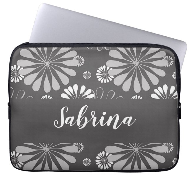 Weiße und graue Blumenmuster Laptopschutzhülle (Vorderseite)
