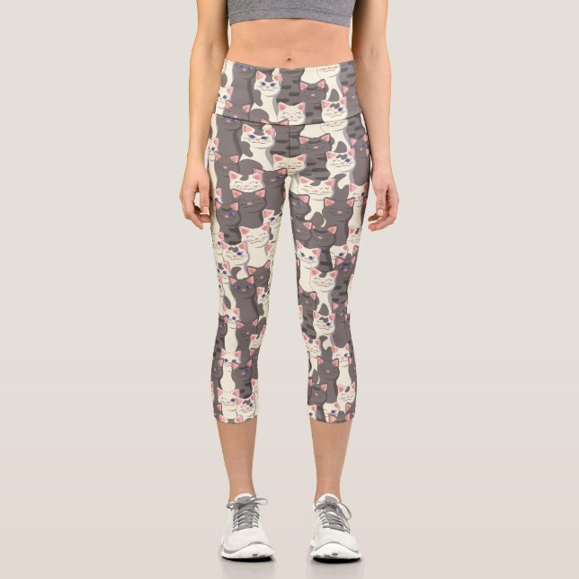 Weiße und graue Katzen Capri Leggings (Vorderseite)