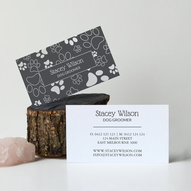 Weiße und graue Pet Groomer Paw Print Visitenkarte (Von Creator hochgeladen)