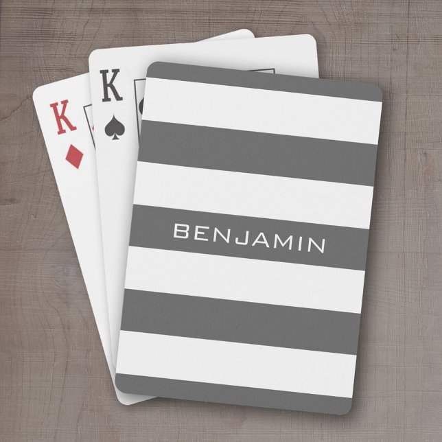 Weiße und graue Rugby Streifen mit Individuelle Na Spielkarten (Personalized playing cards - sporty, preppy stripe pattern with name. Great gift for the guys!)
