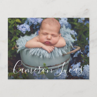 Weiße und graue Script-Kalligrafie Collage Birth  Ankündigungspostkarte