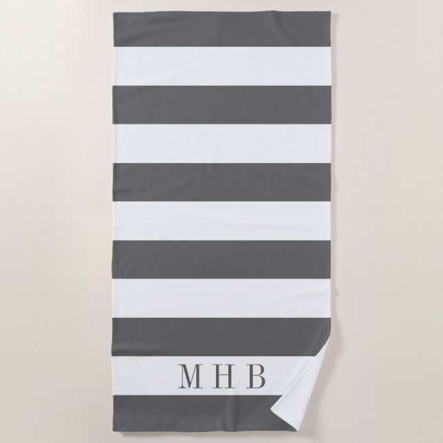 Weiße und graue Streifen und Monogramm Strandtuch (Vorderseite)