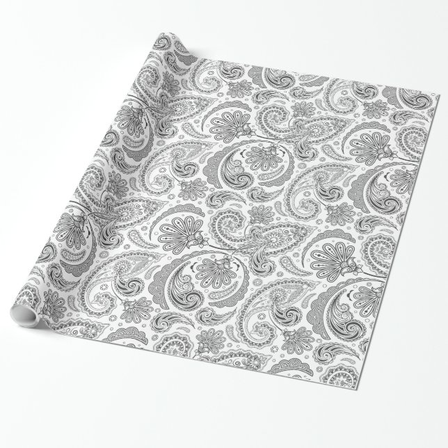 Weiße und graue Vintage Paisley Lace Damasks Geschenkpapier (Ungerollt)