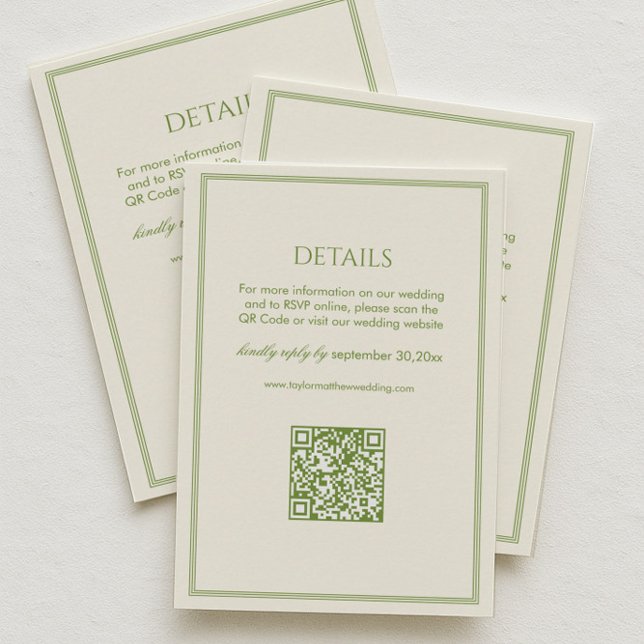 Weiße und grüne Hochzeitsdetails Qr Code Begleitkarte (Von Creator hochgeladen)