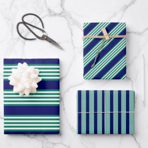 Weiße und grüne Streifen mit marineblau Geschenkpapier Set
