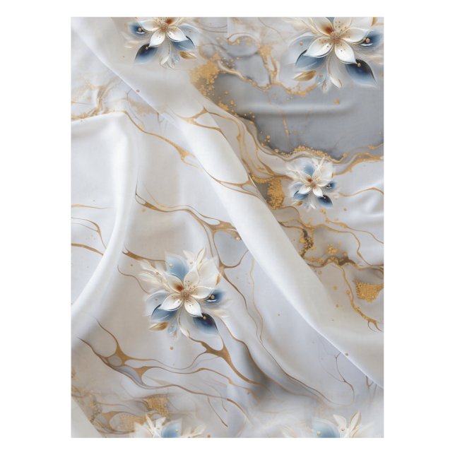 Weiße und hellblaue seidene Blume im Silk-Look Tischdecke (Vorderseite)