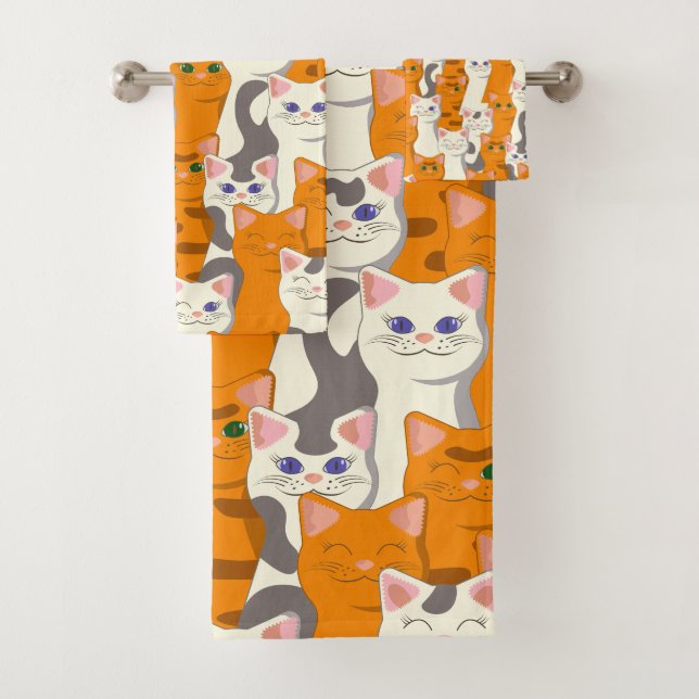Weiße und Ingwer Katzen Muster grüne Augen blaue A Badhandtuch Set (Insitu)