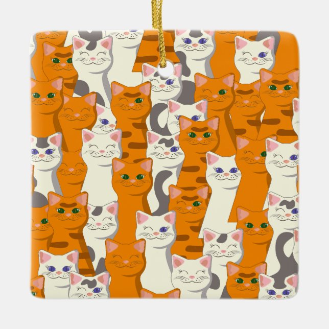 Weiße und Ingwer Katzen Muster grüne Augen blaue A Keramikornament (Vorderseite)
