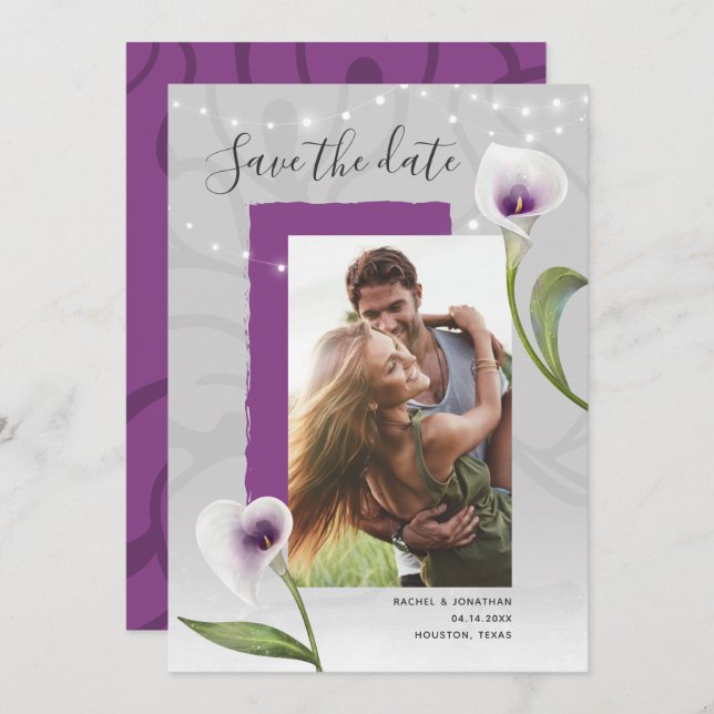 Weiße und Lila Calla Lily Wedding Save the Date Ankündigung (Vorne/Hinten)
