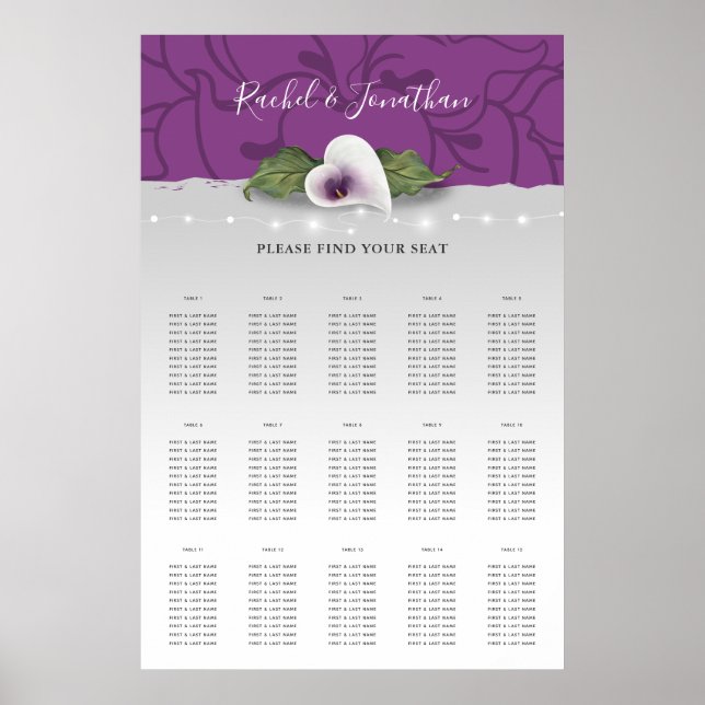 Weiße und Lila Calla Lily Wedding Seating Charts Poster (Vorne)