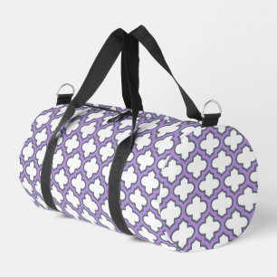 Weiße und Lila Trellis, Gitter, Quatrefolie Duffle Bag