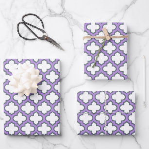 Weiße und Lila Trellis, Gitter, Quatrefolie Geschenkpapier Set