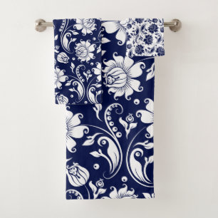 Weiße und marineblaue Vintage-Damaskusmuster Badhandtuch Set