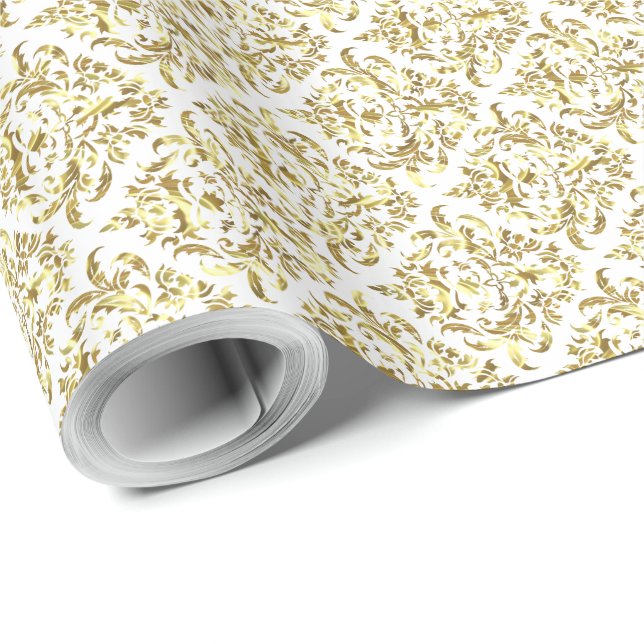 Weiße und metallische Shiny Gold Floral Damaskus Geschenkpapier (Rolleneckpunkt)
