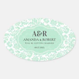 Weiße und mintgrüne Damasken Save the Date Ovaler Aufkleber