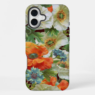 Weiße und orange Mohnblumen auf braunen Blumen iPhone 16 Plus Hülle