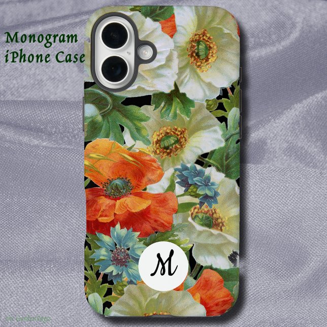 Weiße und orangefarbene Mohnblumen auf schwarzem f Case-Mate iPhone Hülle (White and Orange Poppies on Black Initial Floral Case-Mate iPhone Case)
