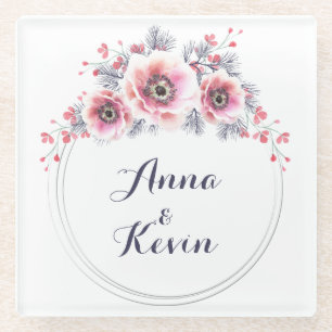 Weiße und rosa Anemone, Kranz der Blume. Glasuntersetzer