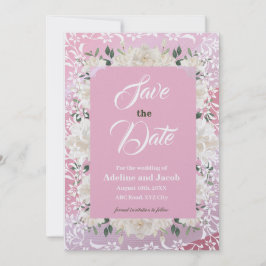 Weiße und rosa Blume und Schablonen SAVE THE DATE Einladung