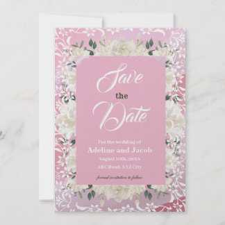 Weiße und rosa Blume und Schablonen SAVE THE DATE  Einladung