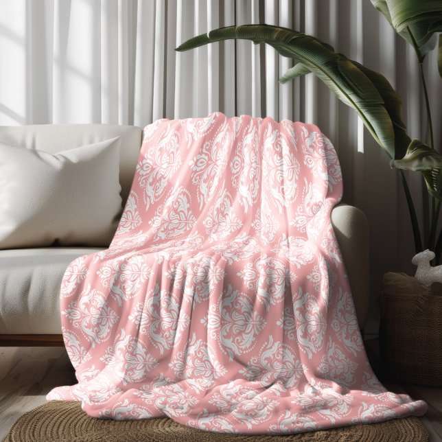 Weiße und rosa florale Damastmuster Fleecedecke (Von Creator hochgeladen)
