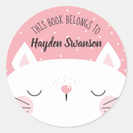 Weiße und rosa Katze | Dieses Buch gehört Runder Aufkleber