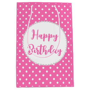 Weiße und rosa Punkte und Diamanten Geburtstag Mittlere Geschenktüte