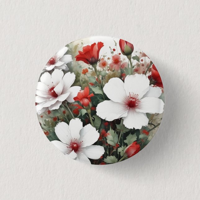 Weiße und rote Blume Elegante Wasserfarbe Button (Vorderseite)