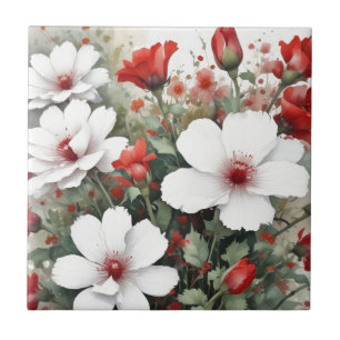 Weiße und rote Blumen Elegante Aquarellmalerei Fliese