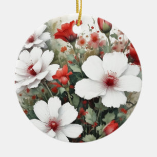 Weiße und rote Blumen Elegante Aquarellmalerei Keramik Ornament