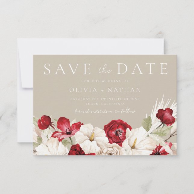 Weiße und rote Blumen Hochzeit Save The Date (Vorderseite)