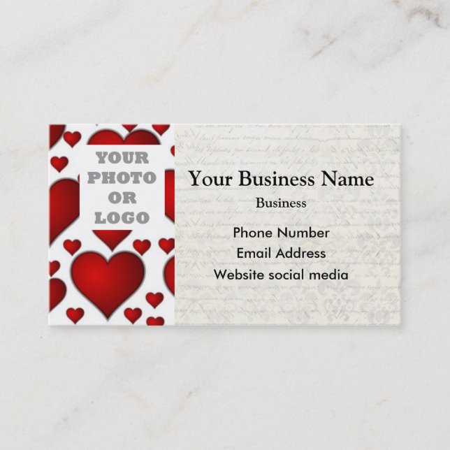 Weiße und rote Herzmuster-Fotoschablone Visitenkarte (Vorderseite)