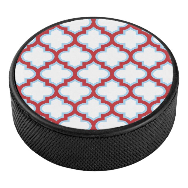 Weiße und rote Trellis, Gitter, Quatrefolie Eishockey Puck (3/4)