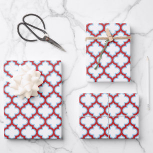 Weiße und rote Trellis, Gitter, Quatrefolie Geschenkpapier Set