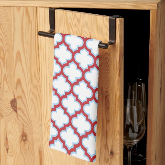 Weiße und rote Trellis, Gitter, Quatrefolie Geschirrtuch (Drittel gefaltet)