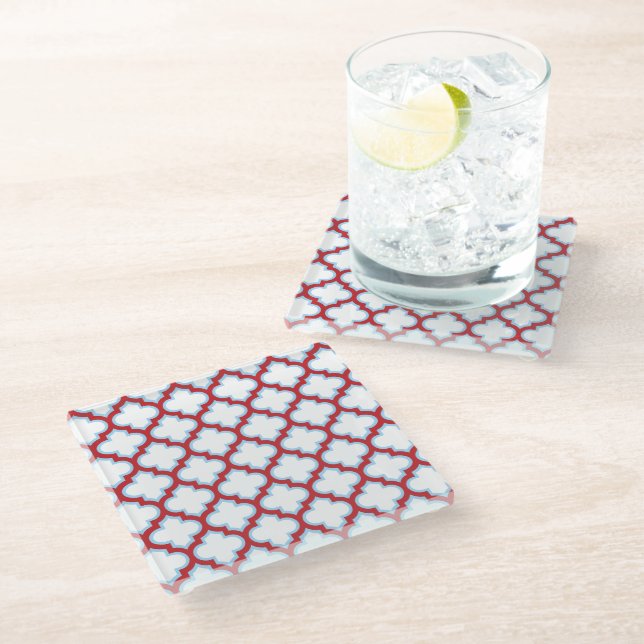 Weiße und rote Trellis, Gitter, Quatrefolie Glasuntersetzer (Schrägansicht)