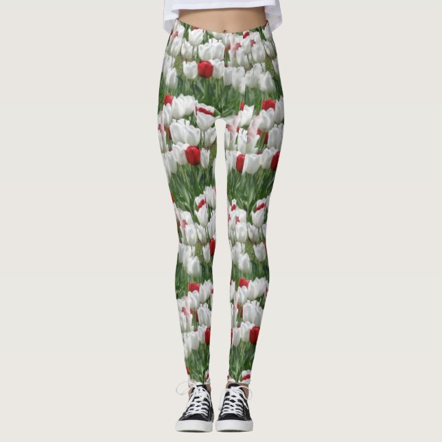 Weiße und rote Tulpen Leggings (Vorderseite)