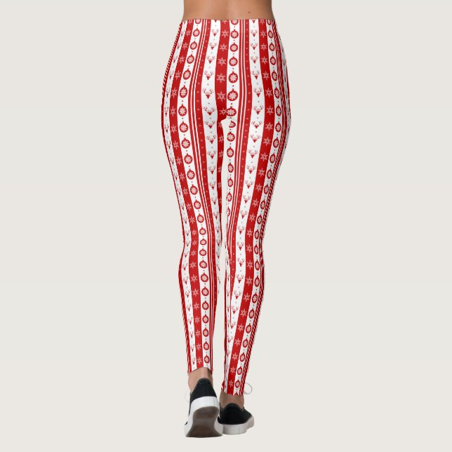 Weiße und rote Weihnachtsferde und Schneeflocken Leggings (Rückseite)