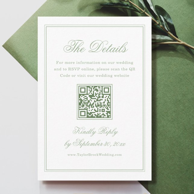Weiße und Salbeigrüne Hochzeitsdetails Qr Code Begleitkarte (Von Creator hochgeladen)