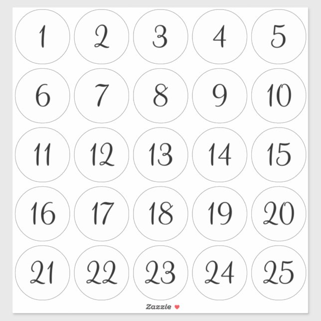 Weiße und schwarze 1 - 25 nummerierte Kreise Aufkleber (Blatt)