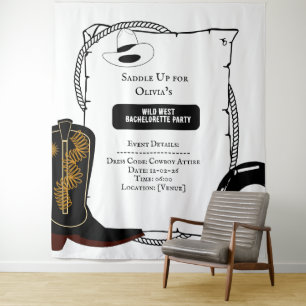 Weiße und schwarze Cowgirl-Hut-Stiefel Junggeselli Wandteppich