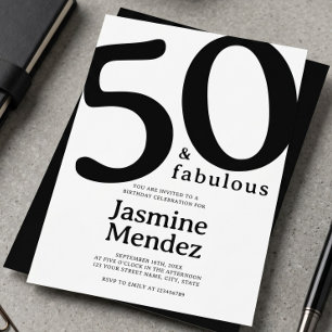 Weiße und schwarze elegante 50 & Fabelhafte Geburt Einladung