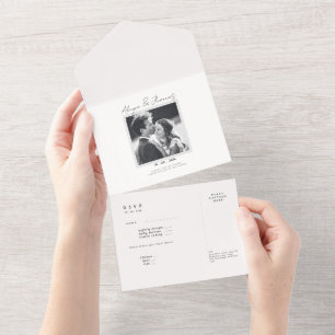 weiße und schwarze elegante Bild-RSVP-Hochzeit All In One Einladung