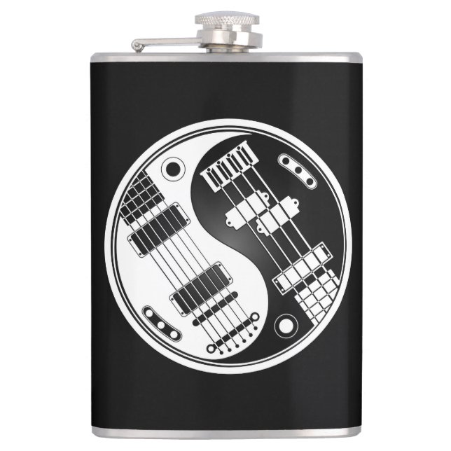 Weiße und schwarze Gitarre und Bass-Yin Yang Flachmann (Vorderseite)