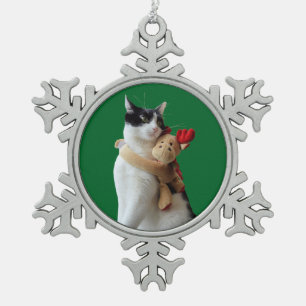 Weiße und schwarze Katze & Rentiere Weihnachts-Spi Schneeflocken Zinn-Ornament