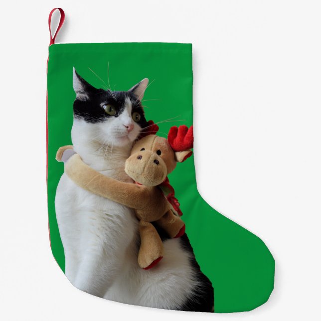 Weiße und schwarze Katze & Rentierspielzeug Kleiner Weihnachtsstrumpf (Vorderseite)