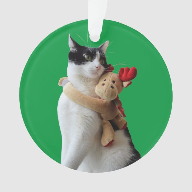 Weiße und schwarze Katze & Rentierspielzeug Ornament (Vorderseite)