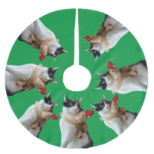 Weiße und schwarze Katze & Rentierspielzeug Polyester Weihnachtsbaumdecke