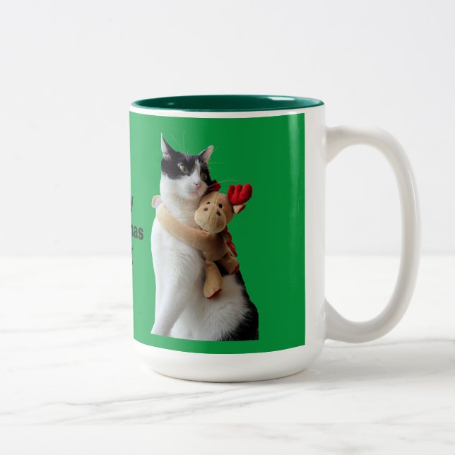 Weiße und schwarze Katze & Rentierspielzeug Zweifarbige Tasse (Rechts)